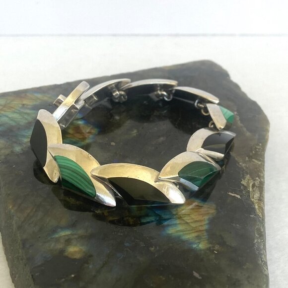 VTG 950 Silver Heavy Taxco Mexico Modernist Style Malachite Onyx Link Bracelet - Picture 5 of 16